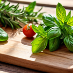 A vibrant close-up photo of fresh herbs (basil, mint, rosemary) arranged with colorful vegetables on a wooden cutting board, bathed in natural sunlight. Focus on texture and detail.