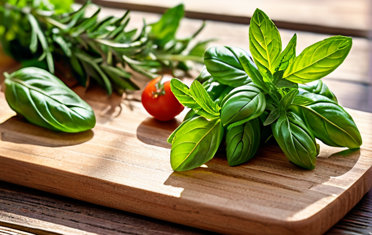 A vibrant close-up photo of fresh herbs (basil, mint, rosemary) arranged with colorful vegetables on a wooden cutting board, bathed in natural sunlight. Focus on texture and detail.