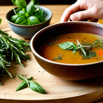 **A visually captivating, warm-toned close-up of a kitchen scene, illustrating the transformative power of herbs in soup. On one side of the frame, a simple, somewhat bland-looking soup in a rustic bowl. On the other, the same soup, now vibrant and steaming, with an unseen hand delicately adding fresh, verdant herbs like rosemary, thyme, and basil. Scattered around are sprigs of various fresh herbs, a wooden cutting board, and soft, inviting natural light filtering in. The image should convey a sense of culinary magic and a newfound appreciation for flavor.**