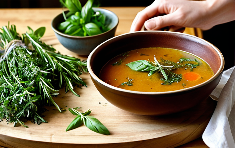 **A visually captivating, warm-toned close-up of a kitchen scene, illustrating the transformative power of herbs in soup. On one side of the frame, a simple, somewhat bland-looking soup in a rustic bowl. On the other, the same soup, now vibrant and steaming, with an unseen hand delicately adding fresh, verdant herbs like rosemary, thyme, and basil. Scattered around are sprigs of various fresh herbs, a wooden cutting board, and soft, inviting natural light filtering in. The image should convey a sense of culinary magic and a newfound appreciation for flavor.**