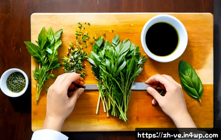 허브의 사용법에 대한 실용 가이드 - Photorealistic overhead kitchen scene showing fresh culinary herbs being prepared for everyday cooki...